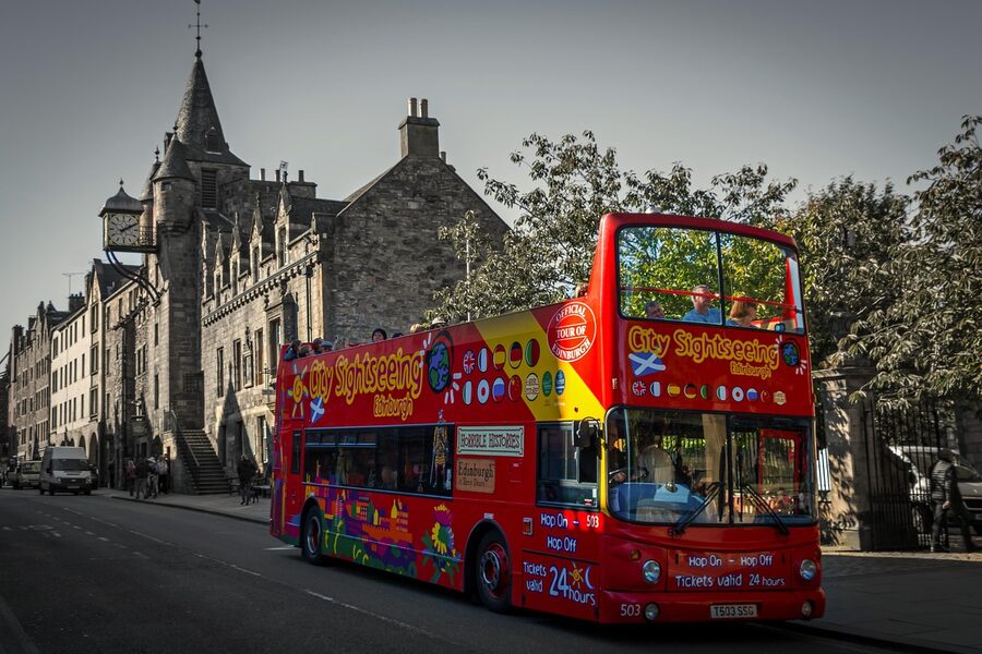Sightseeing bus parked on the Royal Mile Edinburgh