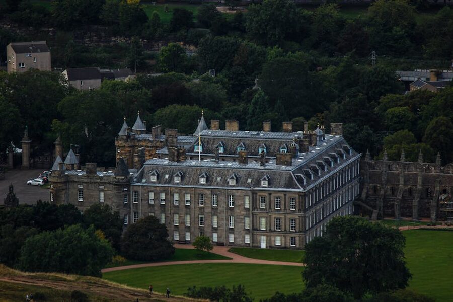 Aerial view of Palace of Holyroodhouse Edinburgh with abbey ruins