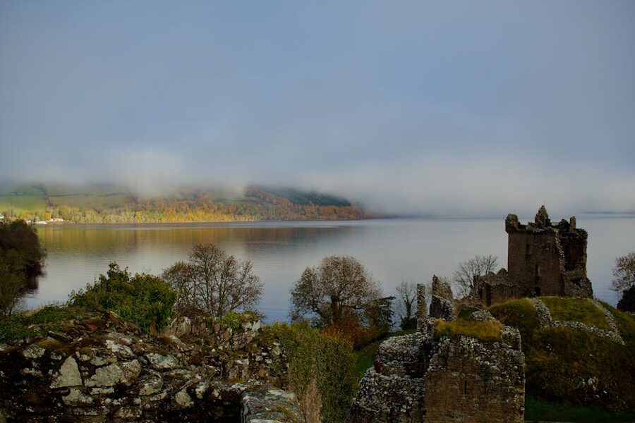 Aerial view of Urquhart Castle ruins on Loch Ness