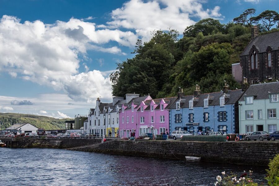 Coloured houses around Portree harbour Isle of Skye