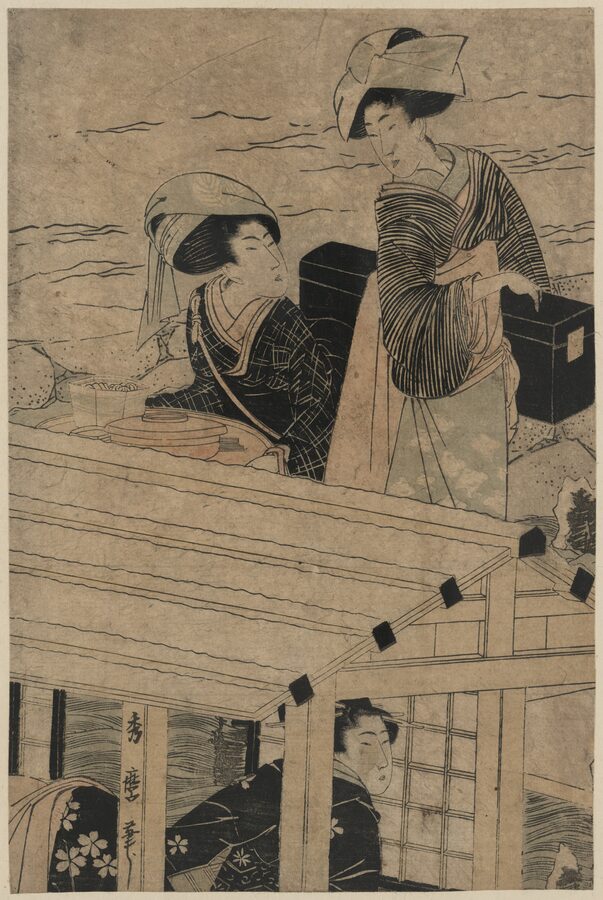 Edo period woodblock print showing people enjoying a meal on a yakatabune pleasure boat in winter