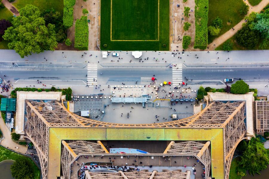 Eiffel Tower aerial view over Champ de Mars in Paris