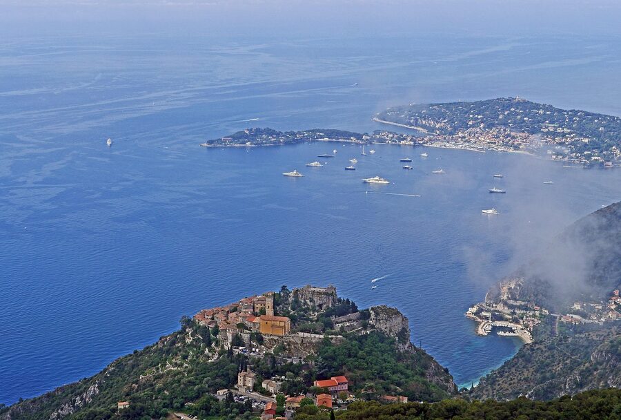View from Eze hilltop down to the bay with Cap Ferrat in the distance