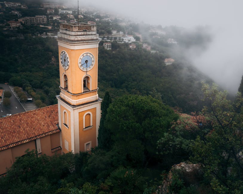 Eze church tower in misty morning atmosphere