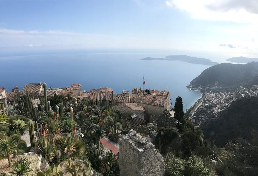 Aerial view of Eze village perched above the Mediterranean Sea between Nice and Monaco