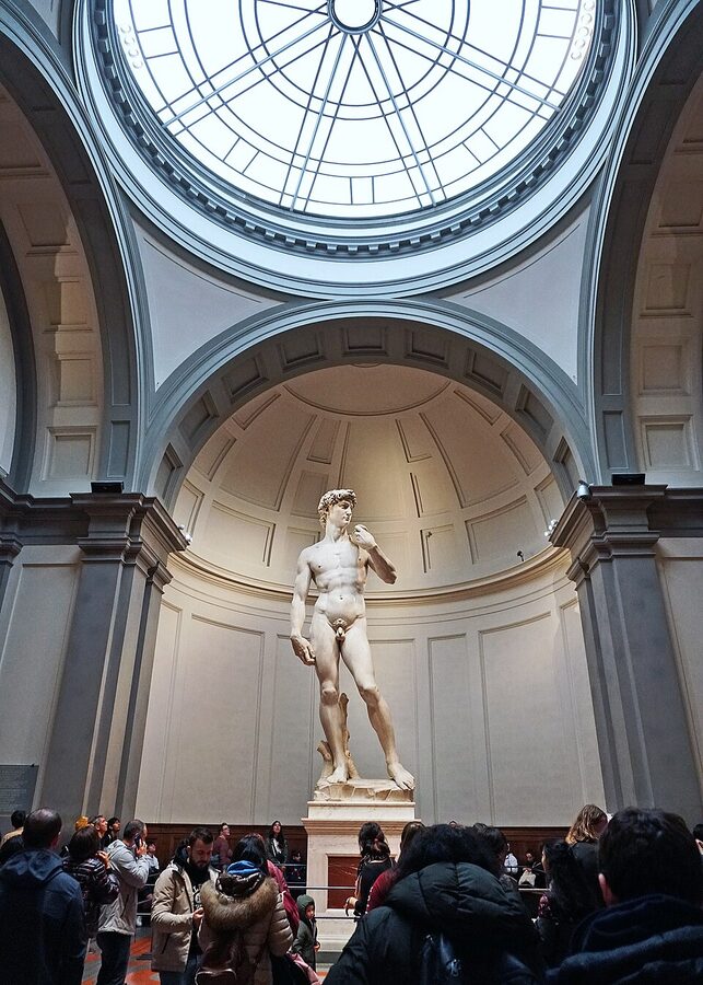 David viewed from a side angle inside the Accademia