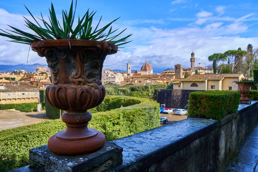 Terracotta planter foreground Florence skyline Boboli
