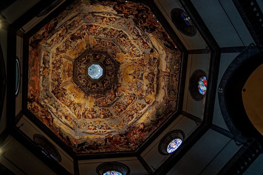 Looking up inside Brunelleschi's dome at the Last Judgement frescoes