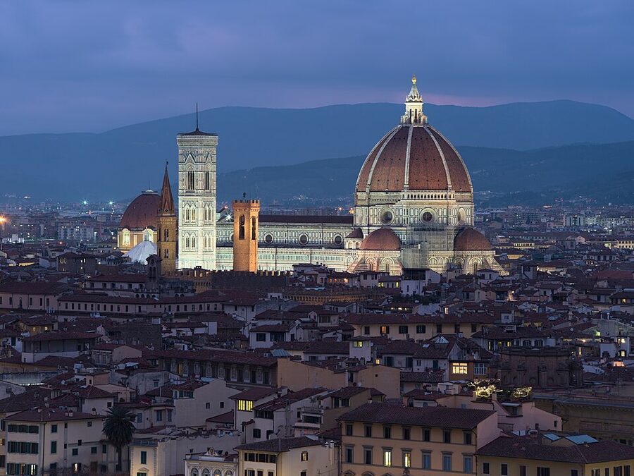 Florence Duomo lit at night seen from Piazzale Michelangelo