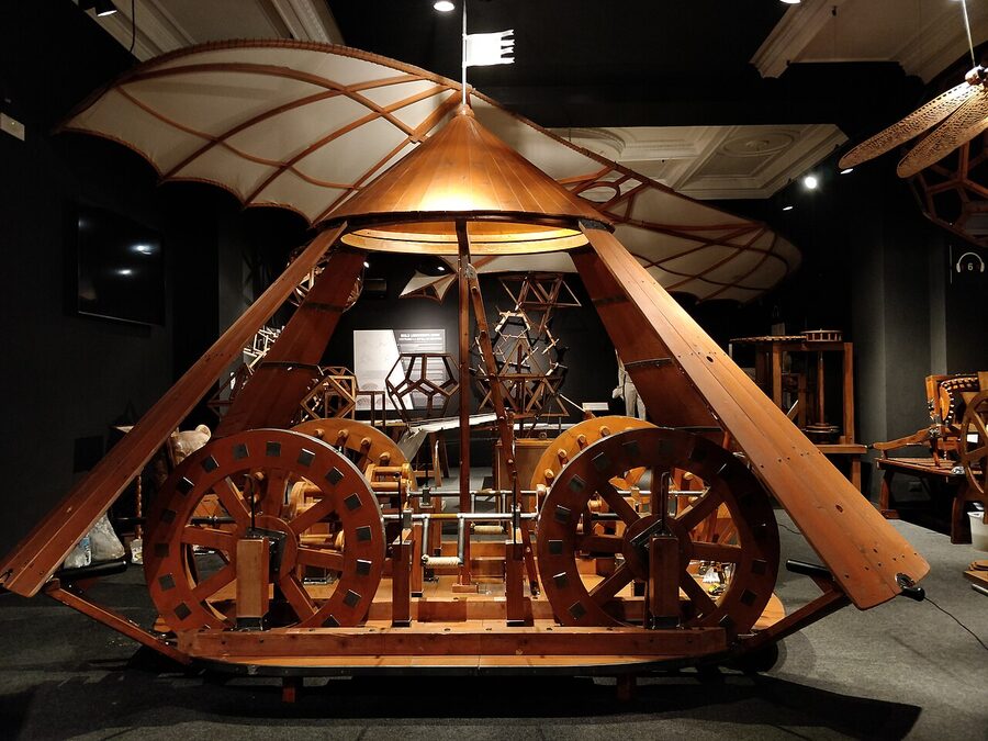 Interactive armored tank model based on Leonardo da Vinci's drawing at the Florence museum