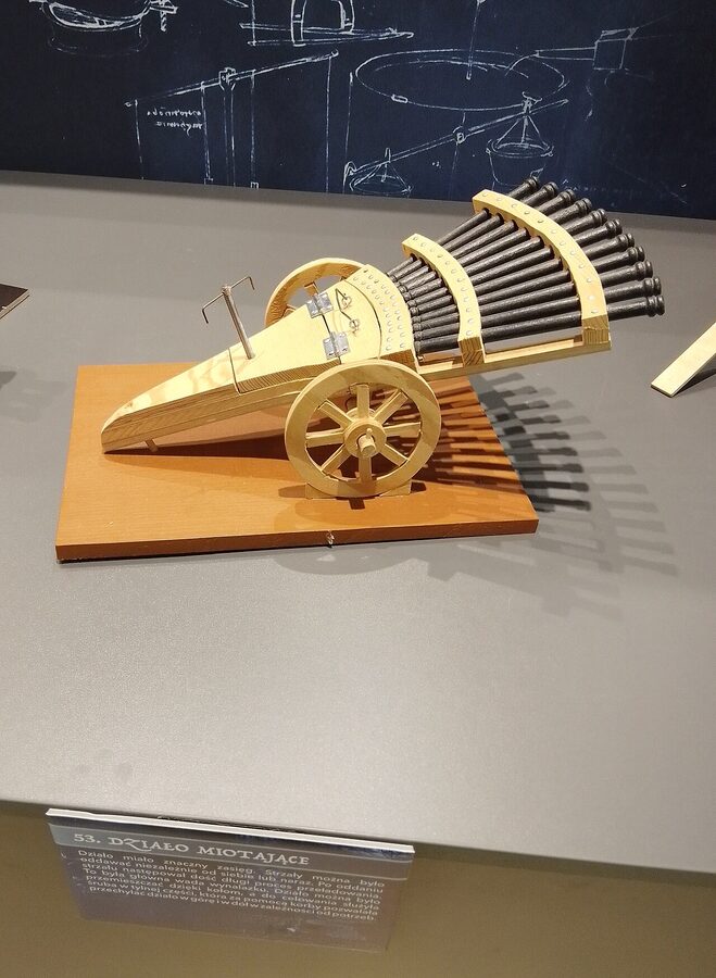 Wooden model of Leonardo da Vinci's machine gun multi-barrel design