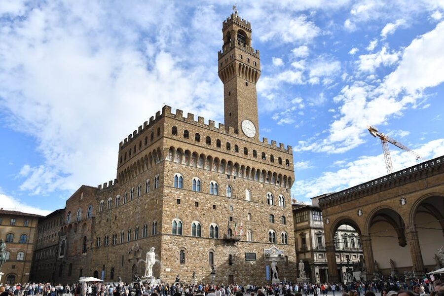 Palazzo Vecchio facade and Arnolfo tower seen from Piazza della Signoria Florence