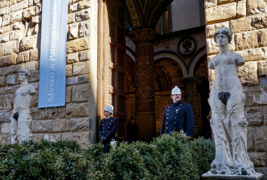 Guards at the main entrance of Museo di Palazzo Vecchio Florence