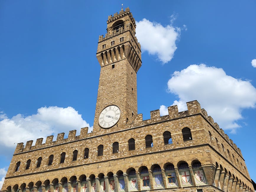 Arnolfo Tower Palazzo Vecchio against blue sky Florence