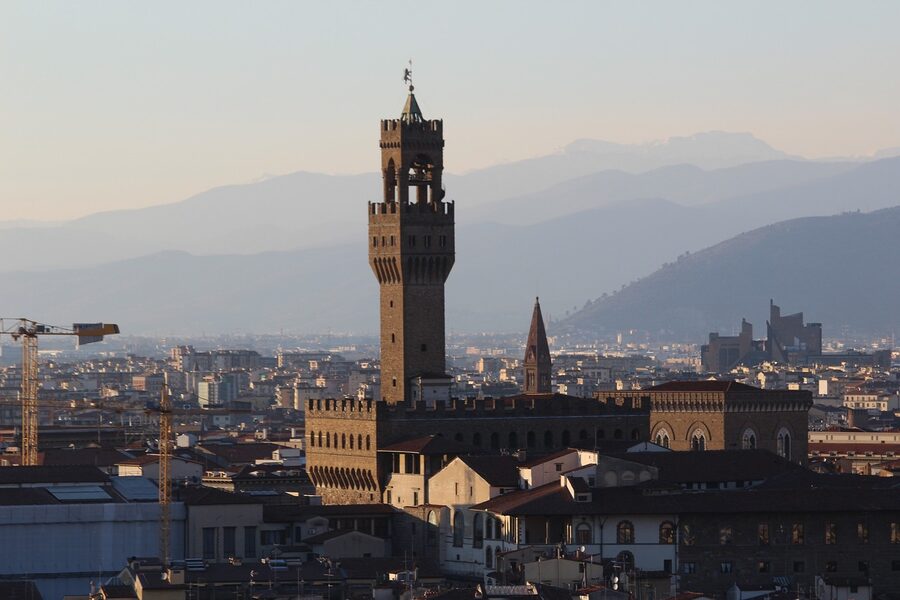 Palazzo Vecchio town hall facade in daytime Florence
