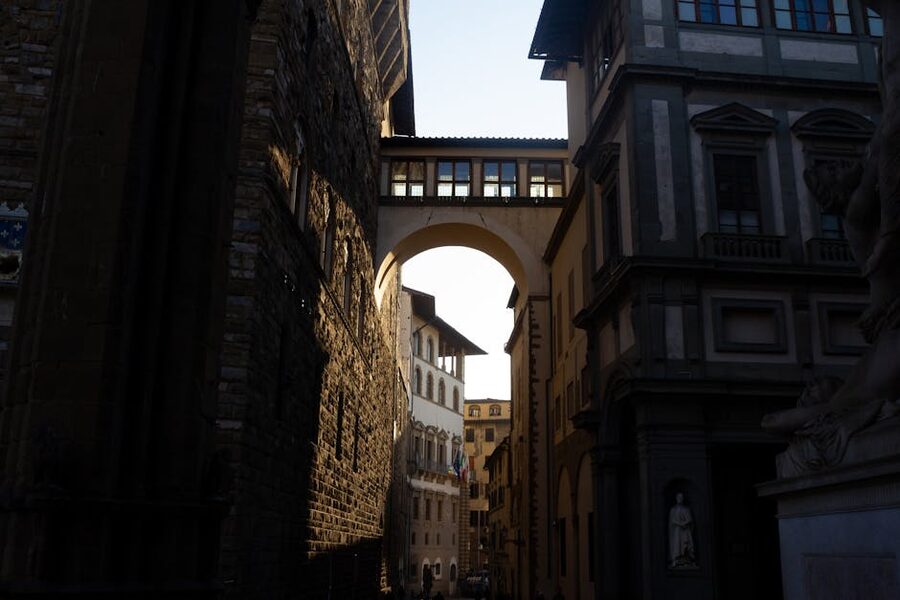 Uffizi Gallery archway view from Palazzo Vecchio side Florence