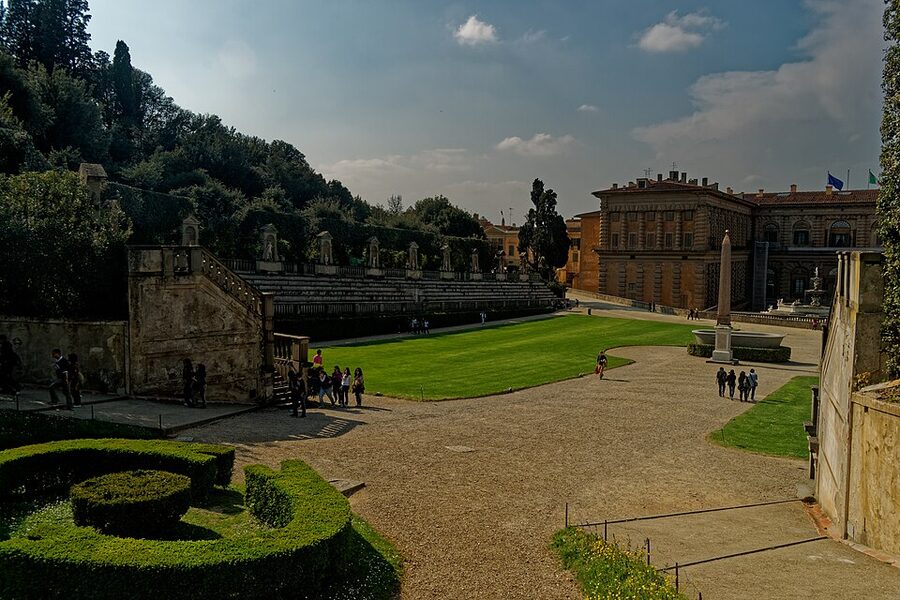 Boboli amphitheatre with Egyptian obelisk and Pitti Palace