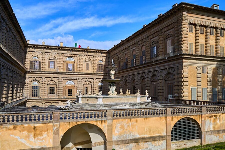 Pitti Palace courtyard with fountain in Florence