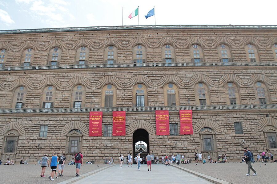 Wide view of the Pitti Palace facade in Florence