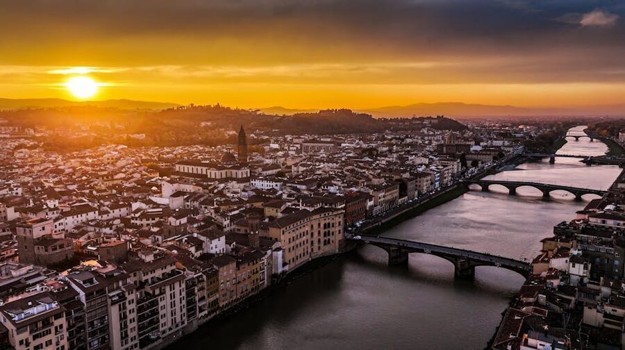 Aerial view of Florence and Ponte Vecchio at sunset