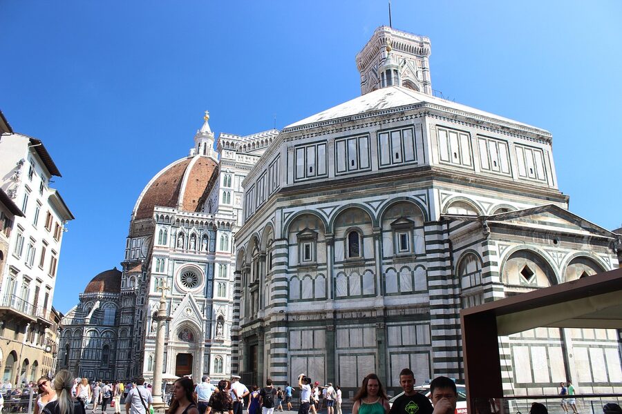 Florence Tuscan rooftops with Duomo dome from above