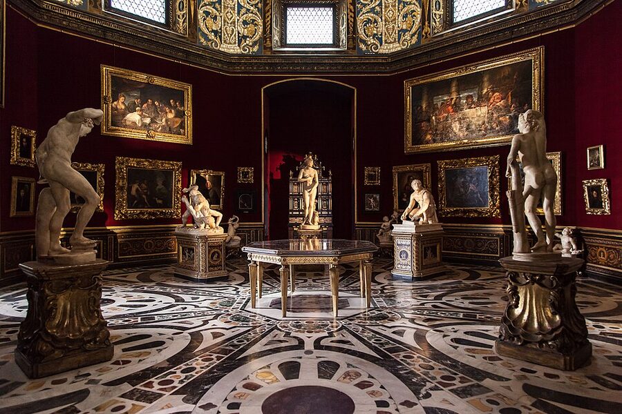 Tribuna octagonal room with red walls at the Uffizi Florence
