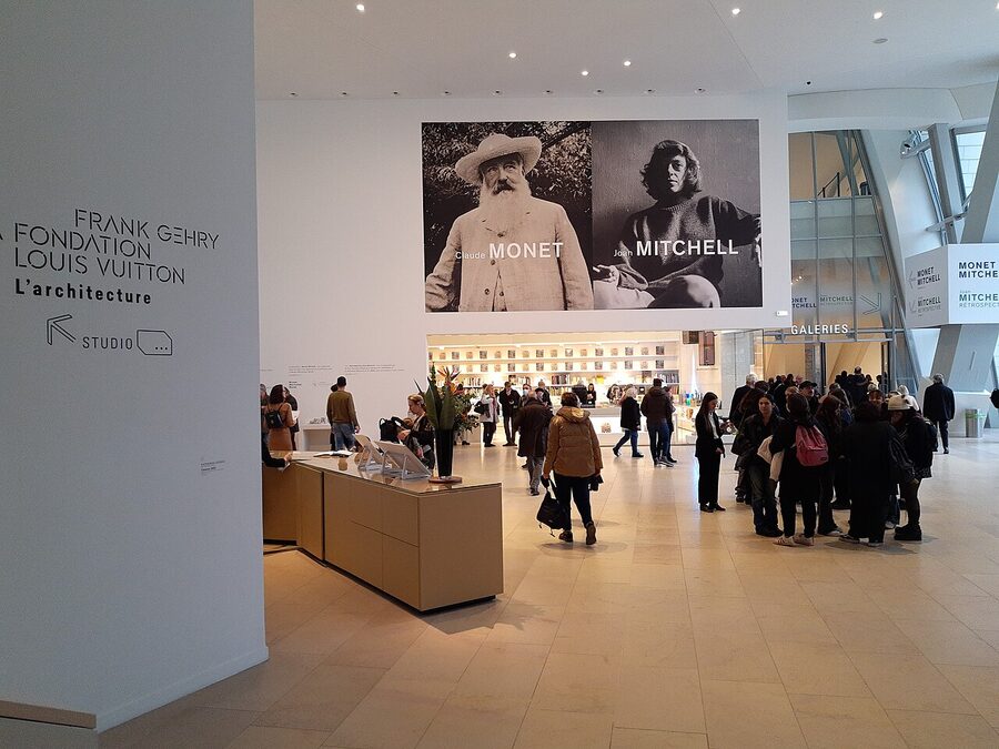 Fondation Louis Vuitton foyer interior with exhibition signage