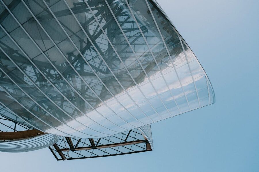 Fondation Louis Vuitton glass facade low angle view contemporary architecture