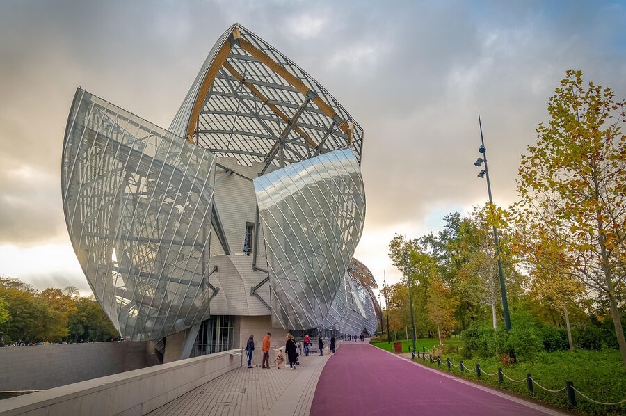 Fondation Louis Vuitton modern architecture from the side, Paris