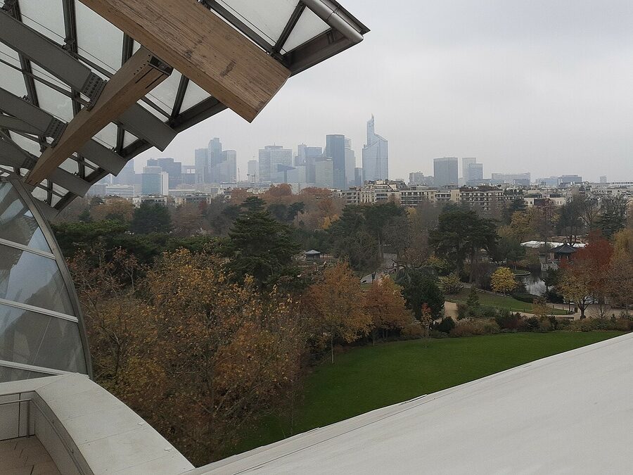 Fondation Louis Vuitton upper terrace view to La Defense Paris