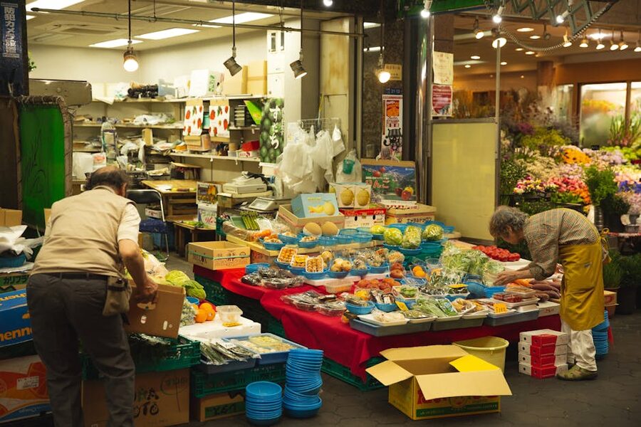 Fresh vegetables and fruits at Osaka market stall