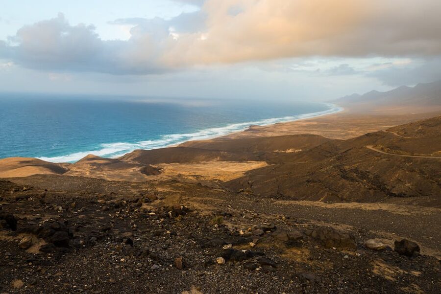 Aerial view of the Jandia peninsula coastline near Morro Jable, Fuerteventura