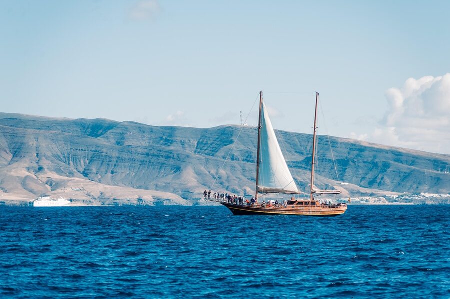 Tour boat off the Fuerteventura coast in the Atlantic Ocean
