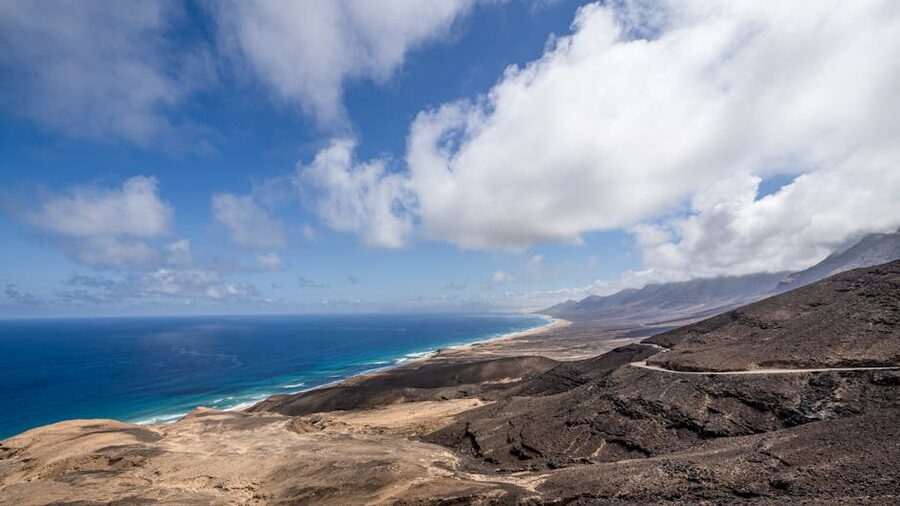 Volcanic coastline of Fuerteventura with cliffs dropping to the sea
