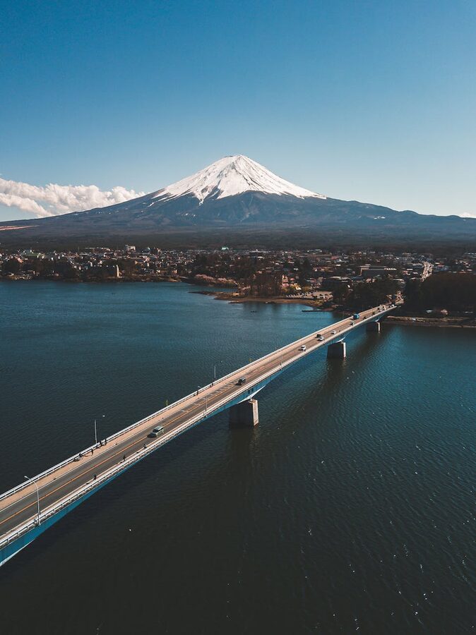 Stunning aerial view of Kawaguchiko Bridge with majestic Mount Fuji