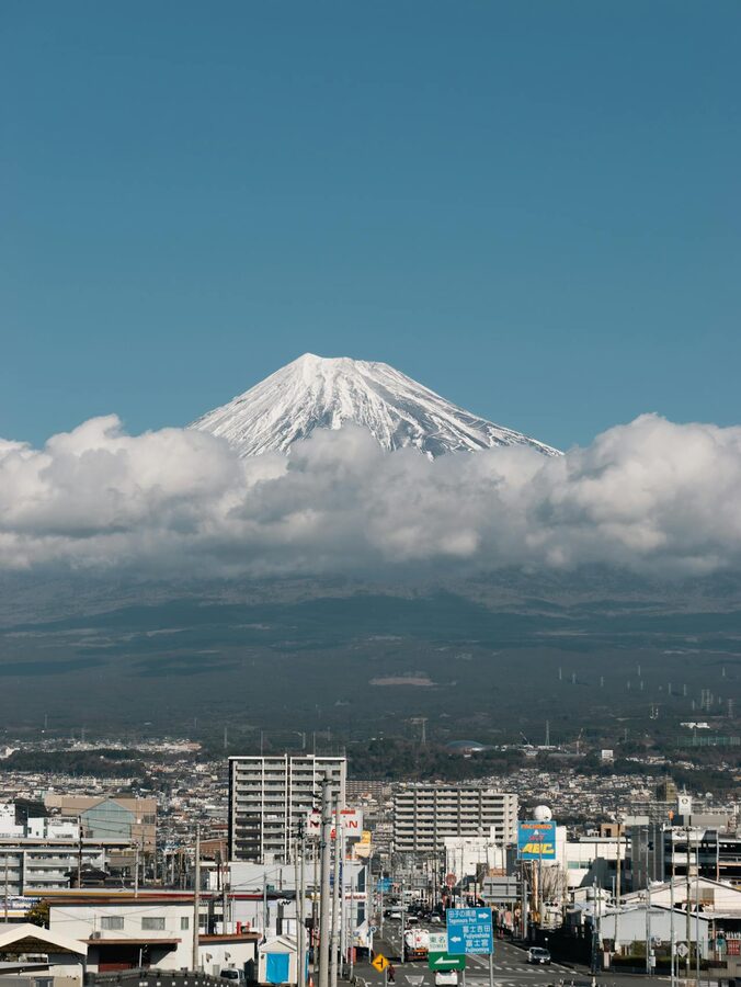 Mount Fuji with pagoda and cherry blossoms Japan