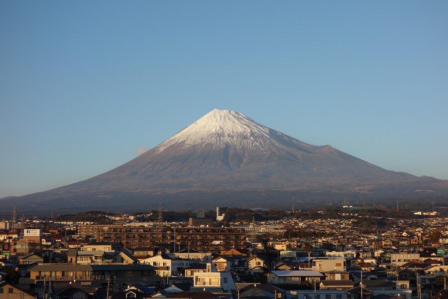 Mount Fuji at sunset twilight from Fuji city