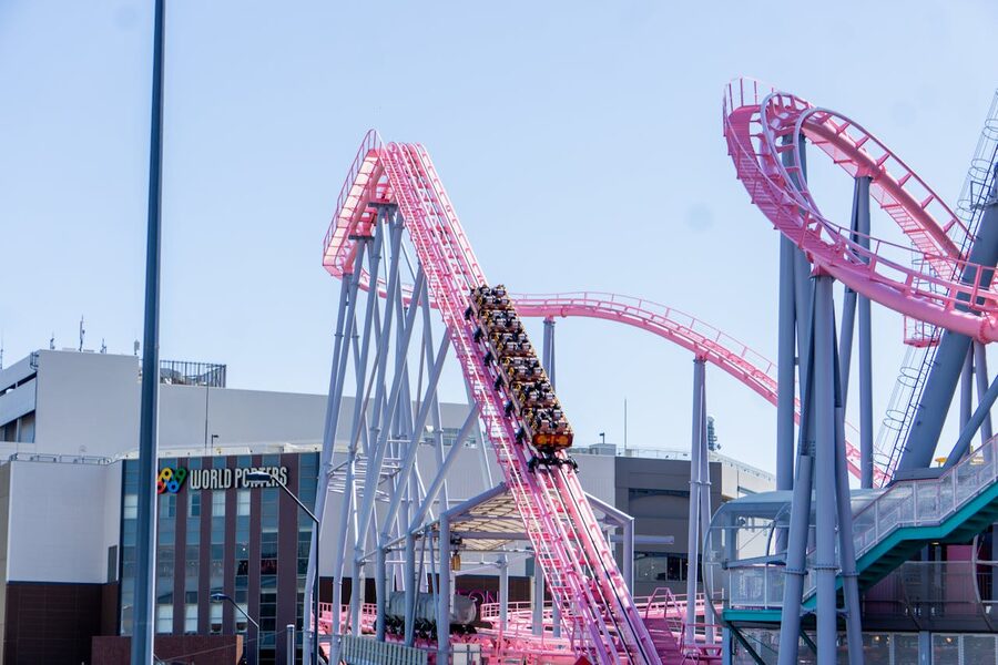 Fuji-Q roller coaster track against mountain backdrop