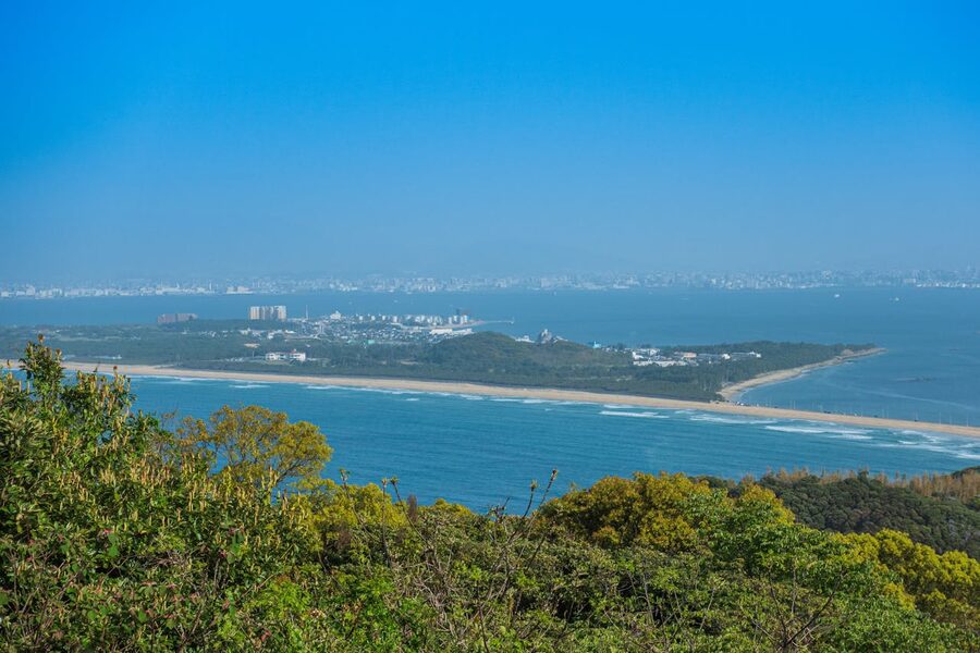 Fukuoka skyline with coastal view and greenery