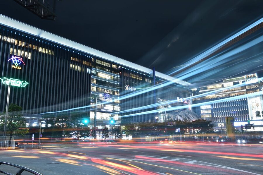 Fukuoka Japan night cityscape with light trails and modern architecture
