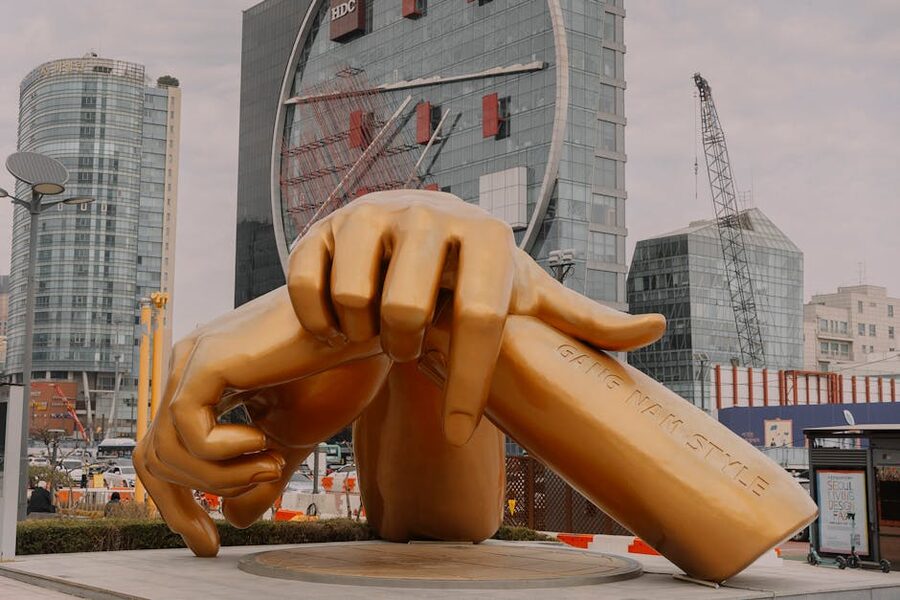 Golden Gangnam Style statue of hands near COEX in Seoul