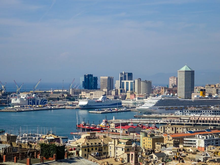 Aerial view of Genoa harbor with cruise ships