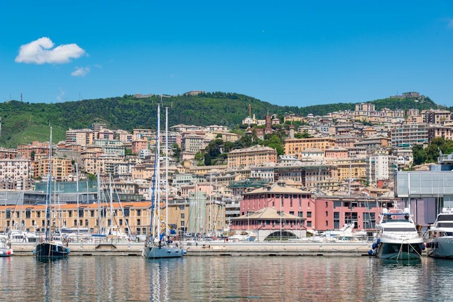 Sailboats moored in Genoa marina