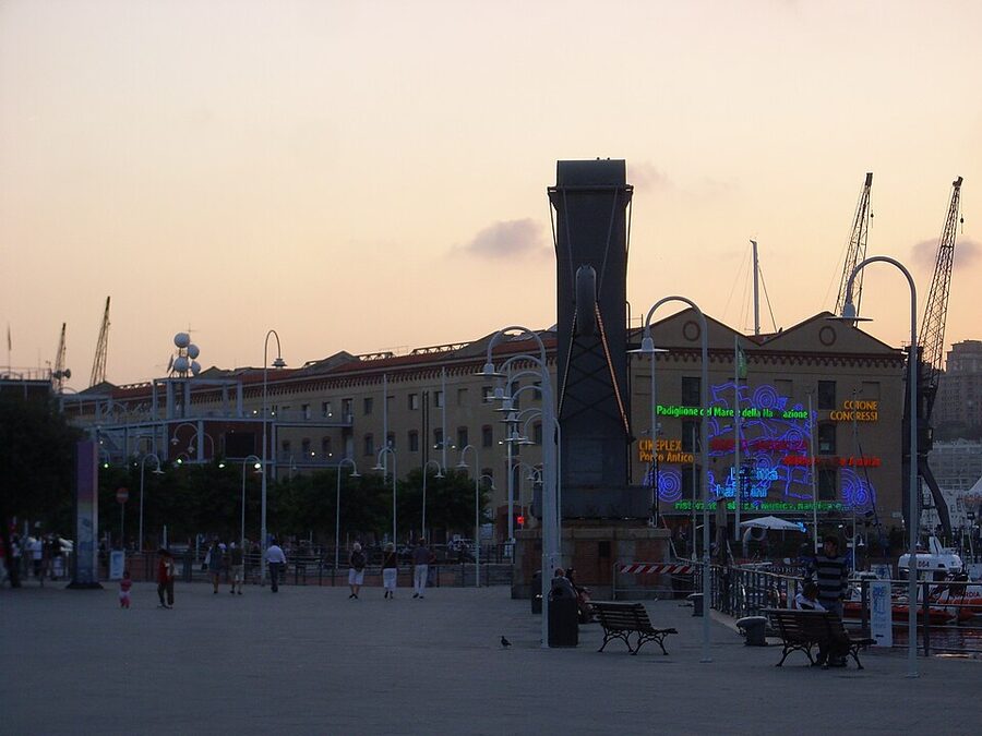 Overview of Porto Antico harbour area in Genoa