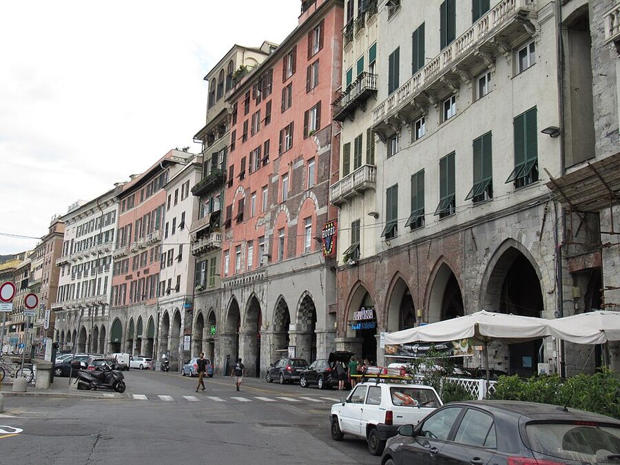 Sottoripa portici arcaded street with food stalls in Genoa