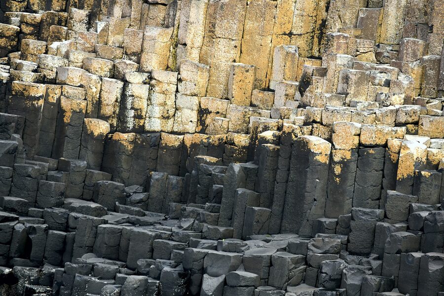 Close view of hexagonal basalt columns at the Giants Causeway on the Antrim coast