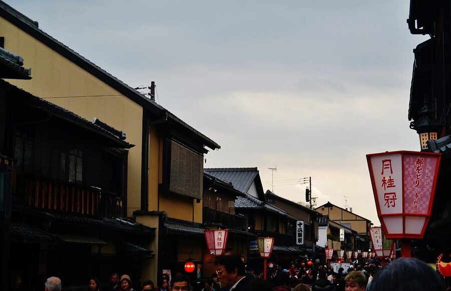 Traditional architecture and street view of the Gion district in Kyoto