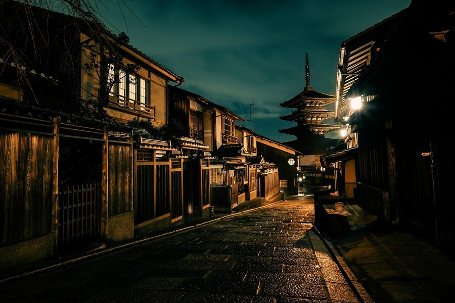 Gion Kyoto with five story pagoda at night