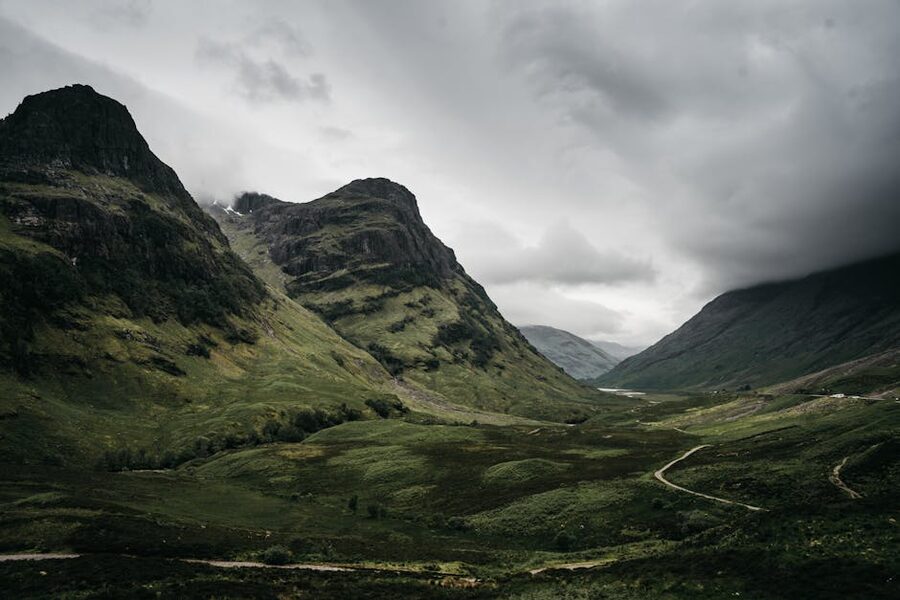 Glencoe valley overcast with rugged mountains