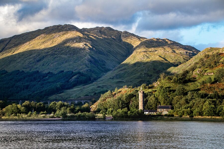 Glenfinnan Monument tower at the head of Loch Shiel